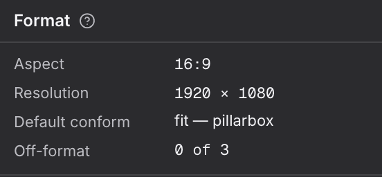 The Format group of the sequence inspector, listing the frame shape and how the shots fit it.