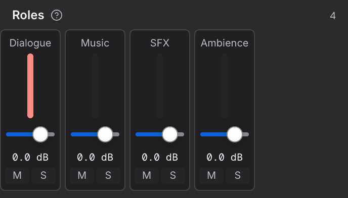 The Mixer tab, showing one fader strip with a level meter, mute and solo for each kind of sound.