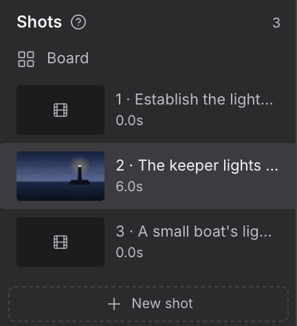 The Shots list in the left panel with one shot open and highlighted