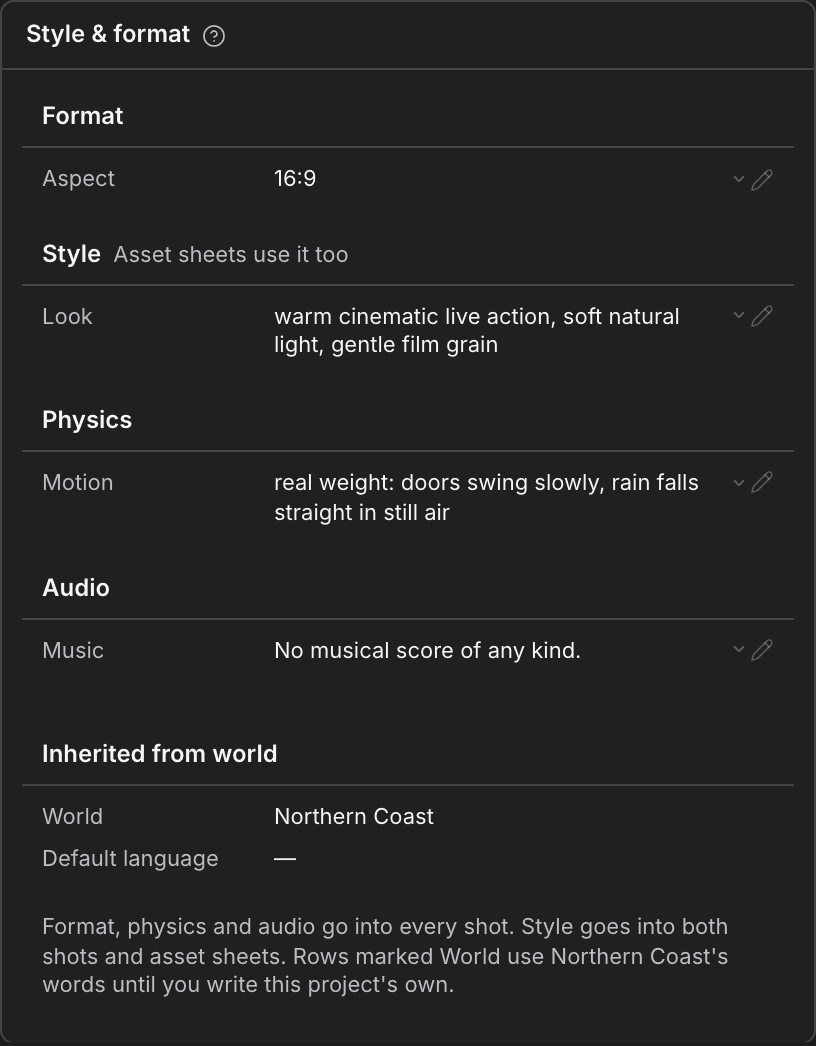 The Style and format card grouped into format, style, physics and audio rows