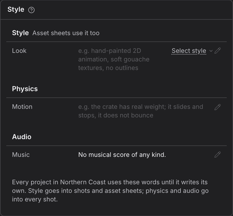 The Style card on a World overview, with rows for the look, the physics and the sound